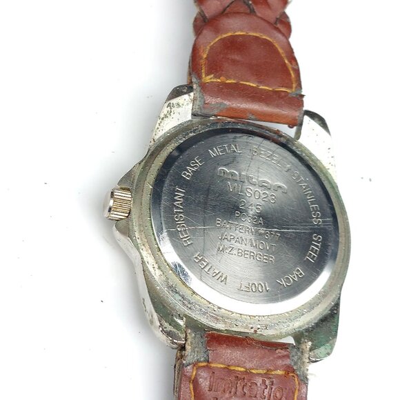 Milan Mens Date Wristwatch With Pink Dial & Woven Brown Leather Strap - Picture 7 of 8